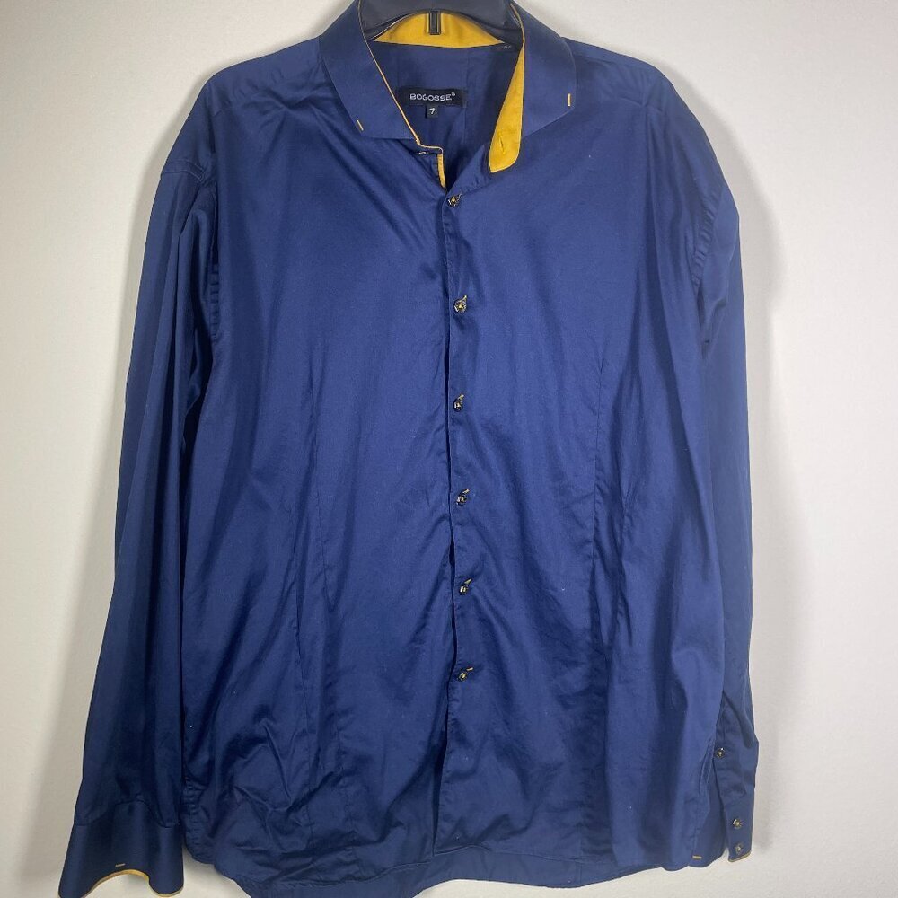 Bogosse Shirt Men's 7 3XL Navy Button-up Solid Preppy Shirt Business Casual